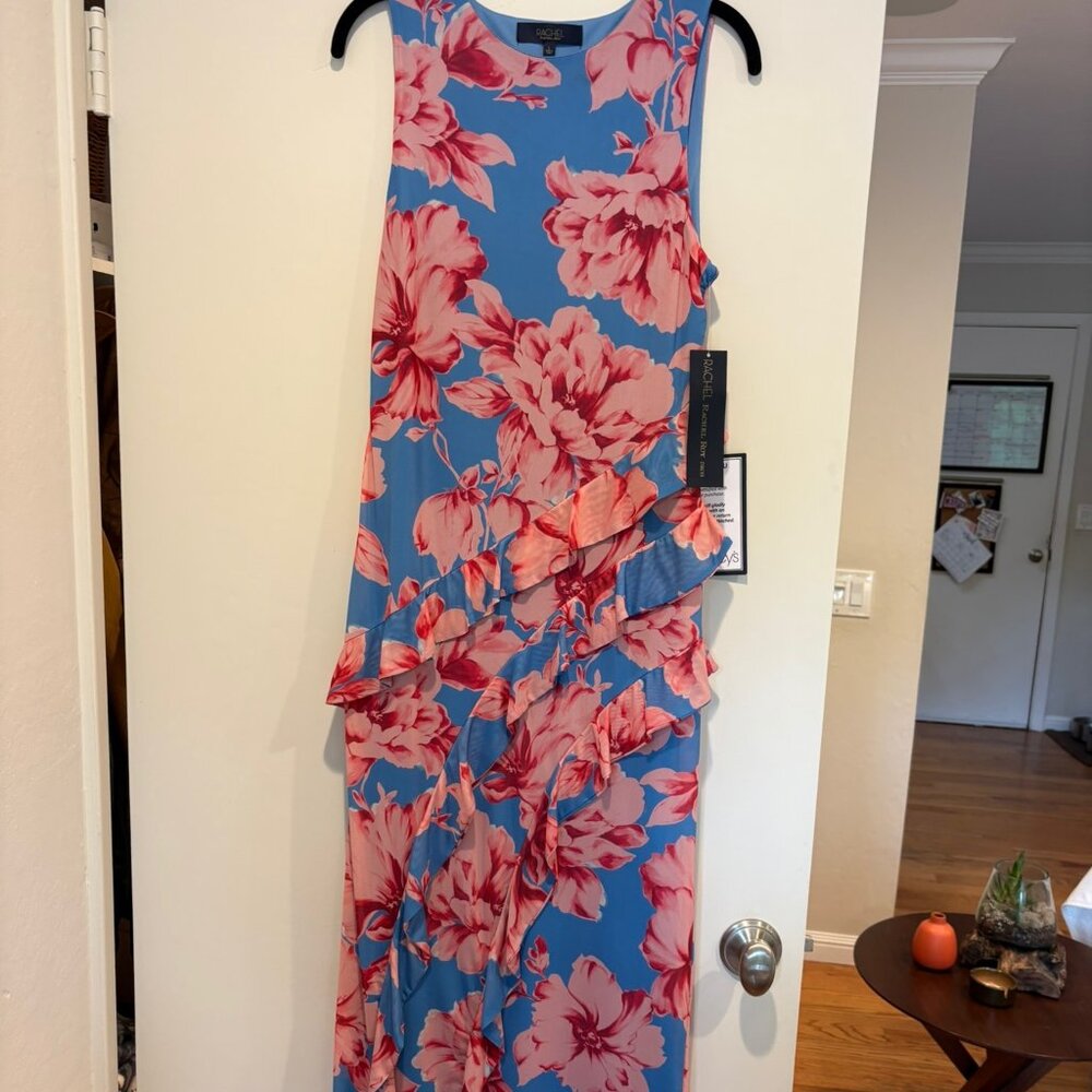 Rachel Roy dress sleeveless blue with big pink flowers, tiered ruffles (L) NWT - Picture 8 of 11